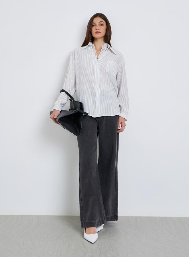 Styli Women White Pinstripe Oversized Shirt with Lace Trim - Image 2